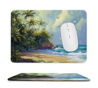 Rustic Colorful Coastal Landscape Stitched Edge Mouse Pad,Beautiful Oil Painting Tropical Beach Palm Trees Ocean Seagull Soft Mousepad with Non-Slip for Office,Home 11.8"x9.8"