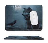 Rustic Colorful Wolf Stitched Edge Mouse Pad,Cool Fantasy Forest Night Pine Trees Wildlife Raven Crow Full Moon Soft Mousepad with Non-Slip for Office,Home 11.8"x9.8"
