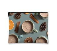 Rustic Cosmetic Bag, Blue Coffee Cups and Cinnamon Travel Pouch for Women, Portable Small Canvas Zipper Organizer, Holiday Skincare Toiletry Bag, Blue, 7x9 Inch, Cosmetic