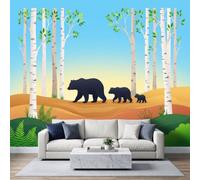 Rustic Country 3D Effect Photo Mural 200W x 140H cm, Premium Nature Forest Wild Bear Birch Tree Non-Woven Mural Wallpaper for Lounge Playroom Bedroom Nursery - Panoramic Greige Wall Art Decoration