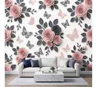 Rustic Country 3D Effect Photo Mural 400W x 280H cm, Premium 3D Floral Butterfly Botanical Rose Non-Woven Mural Wallpaper for Lounge Playroom Bedroom Nursery - Panoramic Dusty Pink Wall Art Decor