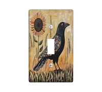 Rustic Country Crow Decorative Light Switch Cover Plate 1 Gang Single Toggle, Farmhouse Sunflower Raven Electrical Faceplate for Kitchen Bathroom, Bird Switchcover Decor