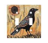 Rustic Country Crow Decorative Light Switch Cover Plate 2 Gang Double Toggle, Farmhouse Sunflower Raven Electrical Faceplate for Kitchen Bathroom, Bird Switchcover Decor