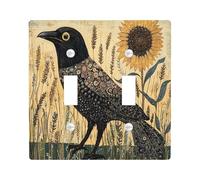 Rustic Country Crow Decorative Light Switch Cover Wall Plate 2 Gang Double Toggle, Farmhouse Sunflower Raven Electrical Faceplate for Kitchen Bathroom, Bird Switchcover Decor