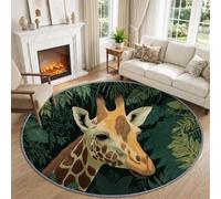 Rustic Country Round Rug Living Room, 160 cm, Emerald Green Carpet Durable | Low Pile Nature Tropical Rainforest Wild Giraffe Leave Circle Rug, Stain & Fade Resistant Carpet for Bedroom Living Room
