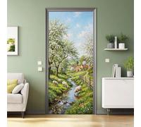 Rustic Country Self Adhesive Door Stickers, 3D Peel and Stick, Animals Sheep Stream Trees Waterproof Door Decal Vinyl Wall Murals Green Removable Self-Adhesive Mural for Home Décor, 95 x 215 cm