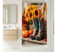 Rustic Cowboy Boots Shower Curtain, Vibrant Sunflower Fall Bathroom Decor, Autumn Seasonal Western Style Waterproof Fabric Curtain with Hooks 36x72 Inch
