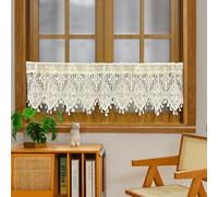 Rustic Crochet Curtains Valance for Kitchen Cotton Lace Curtains for Small Window Farmhouse Tassel Curtains for Coffee Decor Rod Pocket Hollow Sheer Curtain Tiers for Bath 1 Panel W35 X L15 Inch