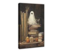 Rustic Cute Ghost Book Dark Halloween still Life Painting Decor, Christmas Vintage Wall Art Poster 16x24inch(40x60cm) Frame