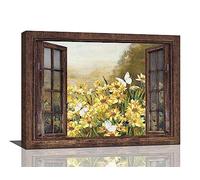 Rustic Daisy Wall Art - Floral Butterfly Decor - Canvas Prints Framed for Bedroom &Living Room, 16x12