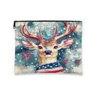 Rustic Deer Cosmetic Bag, Stag Fireworks Americana Makeup Travel Bags for Women, Portable Small Canvas Zipper Pouch, Festival Gift Skincare Toiletry Bag Organizer, blue, 7x9 Inch, Deer