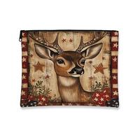 Rustic Deer Cosmetic Pouch, Vintage Patriotic Small Canvas Zipper Travel Makeup Bag for Women, Portable Woodland Skincare Organizer Gift, Brown, 7x9 Inch, Deer