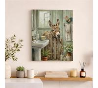 Rustic Donkey Bathroom Canvas Wall Art, Green Brown Farmhouse Animal Prints, Spring Home Decor for Living Room, Bathroom, Kitchen, Wrapped Canvas 16x20 Inch