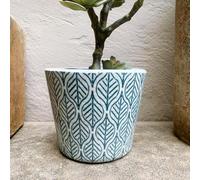Rustic Dutch Pot, Teal & White Leaf Pattern Dutch Plant Pot, Crackle Glaze Ceramic Plant Pot Cover, Succulent Planter, Indoor House Plant Pot, Herb Pot, Orchid Pot, Geometric Pattern Pot