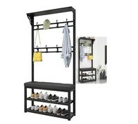 Rustic Entryway Hall Tree with 2-Tier Shoe Sto & 8 Hoo - Slish Coat Rack for Shoes & Coats - Black - Space-Saving nizer (80x30x172cm)