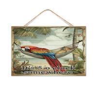 Rustic Established Wood Sign It's Five O'clock Somewhere Wall Art Decorative for Mantel Parrot Colorful Bird Sea Wooden Signs Cute Wall Decor Sign for Living Room 12x8in