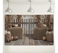 Rustic Fall Farmhouse Backdrop, Autumn Harvest Party Decorations, Wooden Fence and Hay Bales Photography Background for Thanksgiving Events 71x43 Inch
