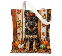 Rustic Fall German Shepherd Dog Canvas Tote Bag for Shopping 13 * 15, Autumn Farmhouse Wooden Reusable Grocery Bag for Women, Cool Beach Aesthetic Painting Gift Decor