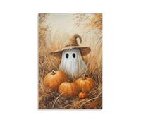 Rustic Fall Ghost Canvas Wall Decor Cute Halloween Print Pumpkin Field Art Dark Academia Autumn Poster Decor Halloween Wall Art Canvas Roll Canvas Wall Art Decorative Bedroom Modern Home Print Picture