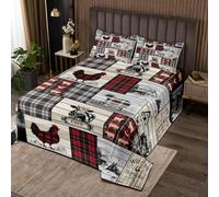 Rustic Farm Animal Bedspread Set Retro Buffalo Plaid Farmhouse Cabin Quilt Set Twin Country Sheep Chicken Cow Print Coverlet Set for Lodge,Patchwork Grid Windmill Bed Set Red Black Grey 2 Pcs