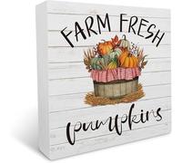 Rustic Farm Fresh Pumpkins Wood Box Sign Farmhouse Retro Artwork Autumn Thanksgiving Home Shelf Office Decor 5x5 Inches