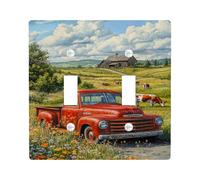 Rustic Farm Landscape Light Switch Cover Plates/Outlet Covers, Vintage Red Truck with Cows, Scenic Wall Accents, Thermoplastic Wall Plates, Standard Size Double Toggle