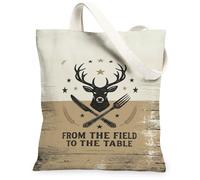 Rustic Farm To Table Deer Quote Canvas Tote Bag 13x15 Inch | Rustic Farmhouse Style, Crossed Cutlery Motif, Wood Grain Texture, Sustainable Lifestyle Theme, Natural Color Palette