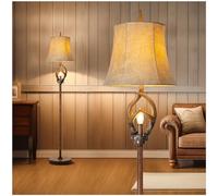 Rustic Farmhouse Antlers Floor Lamp with Night Light Faux Leather Bell Shade Brown Finish Tall Industrial Tall Standing Lamp Decor for Living Room Bedroom Hotel Office (Bulb Included)