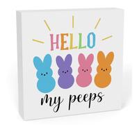 Rustic Farmhouse Bunny Easter Decorations Spring Country Home Office Desk Decor Hello My Peeps Sign Cubicle Shelf Tabletop Tiered Tray Decor Gift Ideas 5x5 Inch