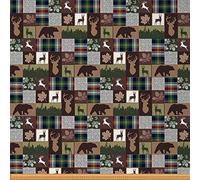 Rustic Farmhouse Decorative Fabric Xmas Moose Lodge Upholstery Fabric Patchwork Grizzly Bears Fabric Buffalo Plaid Check Vintage Wooden Hunting Animal Indoor Outdoor Fabric 2 Yards