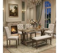 Rustic Farmhouse Dining Table Set for 6 - Solid Wood Kitchen Table with Bench & Chairs - 6-Piece Rustic Dining Room Furniture with Trestle Legs (Natural Finish)