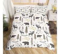 Rustic Farmhouse Duvet Cover Set Single Size, Deer Bear Antler Comforter Cover with 1 Pillowcase, Trees Mountains Bedding Set 2pcs for Kids Boys Girl Room Decor Adventure Theme Bedspread Cover