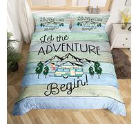 Rustic Farmhouse King Duvet Cover Kids Camping Themed Bedding, Happy Camping Comforter Cover for Family Boys Girls Camper Bedding Set Old Barn Door Print Western Bedroom Decor Bedspread Cover