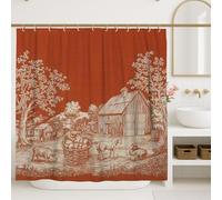 Rustic Farmhouse Shower Curtain, Terracotta Red Vintage Barn Landscape Bathroom Decor, Autumn Country Style Waterproof Fabric Shower Curtain with Hooks 72x72 Inch