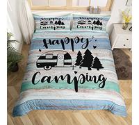 Rustic Farmhouse Style Duvet Cover King Size,Old Barn Door Comforter Cover with 2 Pillowcase for Teens Adults,Happy Camping Black Sketch Drawing Breathable 3 Pieces Decorative Bed Cover