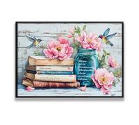 Rustic Floral Books Canvas Wall Art Hummingbird Print Vintage Posters Painting Inspirational Artwork Aesthetic Pictures for Study Room 40x60cm with Black Frame