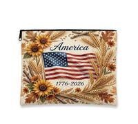 Rustic Floral Makeup Bag, Sunflower and Flag Cosmetic Pouch for Women, Portable Canvas Zipper Organizer, Fall Travel Toiletry Bag, Beige, 7x9 Inch, Flag