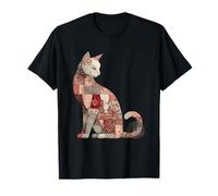 Rustic Floral Patchwork Cat Folk Quilt Vintage Motif T-Shirt