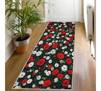 Rustic Floral Print Runner Rug for Hallway, 60x200, Red Poppy White Daisy Pattern Throw Rug Entrance Wild Flowers Decor Carpet, Washable Non-Slip Rugs Runners for Living Room Bedroom Kp857