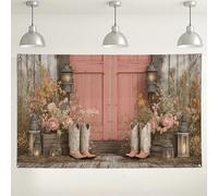 Rustic Floral Wall Backdrop, Vintage Cowboy Boots and Lanterns Party Decorations, Peach and Beige Photography Background for Weddings, Autumn Fall Events 71x43 Inch