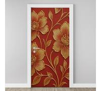 Rustic Flower Plant 3D Door Stickers Self Adhesive, Gold Floral Vine Botanical Wallpaper Peel and Stick, Vintage Red Door Murals, PVC Waterproof Door Decal for Bedroom Living Room 77x200 cm Y5h46