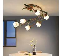 Rustic Flower Vine Semi Flush Mount Ceiling Light Wrought Iron Light Fixtures Farmhouse 6 Lights Antique Ceiling Mounted Chandelier With Frosted Glass Shade