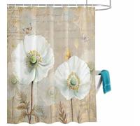 Rustic Flowers Shower Curtain for Bathroom, Spring White Blossom Butterfly Floral Newspaper Texture Waterproof Cloth Fabric Bathroom Accessories Set with 12 Rust Proof Plastic Hooks, 48” x 72”