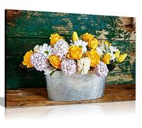 Rustic Flowers Yellow Roses & Tulips Country House Canvas Wall Art Picture Print (18X12)