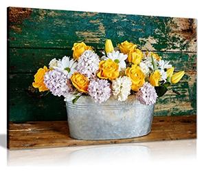 Rustic Flowers Yellow Roses & Tulips Country House Canvas Wall Art Picture Print (24X16)