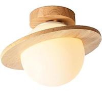 Rustic Flush Mount Ceiling Light - Wood & Frosted Glass Fixture for Hallway Kids Room Kitchen Laundry Bathroom - Planet Moon Design White Milk Glass Small Size