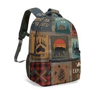 Rustic Forest Plaid Print Backpack 16 Inch Bear Deer Pine Tree Maple Leaf Vintage Woodland Outdoors Travel Daypack (05)