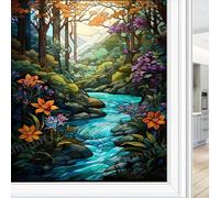 Rustic Forest Privacy window film Trees River Beautiful Flowers Static Cling Window Film Home Windows Glass Decorative Door Covering Sun Blocking 80 x 140 cm