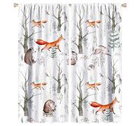 Rustic Forest Window Curtains, Watercolor Woodland Animals Owl Hedgehog Fox Butterfly Forest Squirrel and Bear Blackout Windows Door Curtain for Bedroom Living Room Home Decor 55x63in