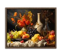 Rustic Fruits Canvas Wall Art for Kitchen Wall Decor Vintage Red Wine Prints Painting with Orange Roses Pictures for Dining Room Decor Classical Farmhouse Framed Artwork Home Decorations 20x25cm